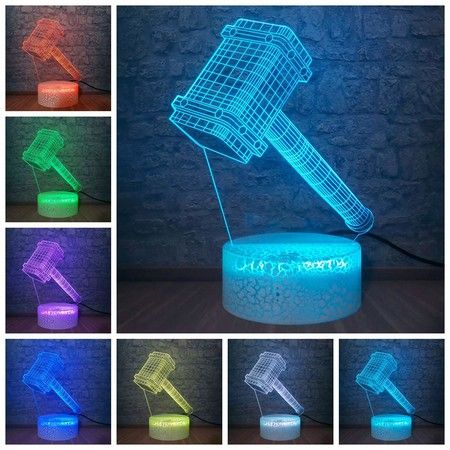3D Powered USB Table Lamp Visual Illusion Thor Hammer 16 Colors Perfect Gift