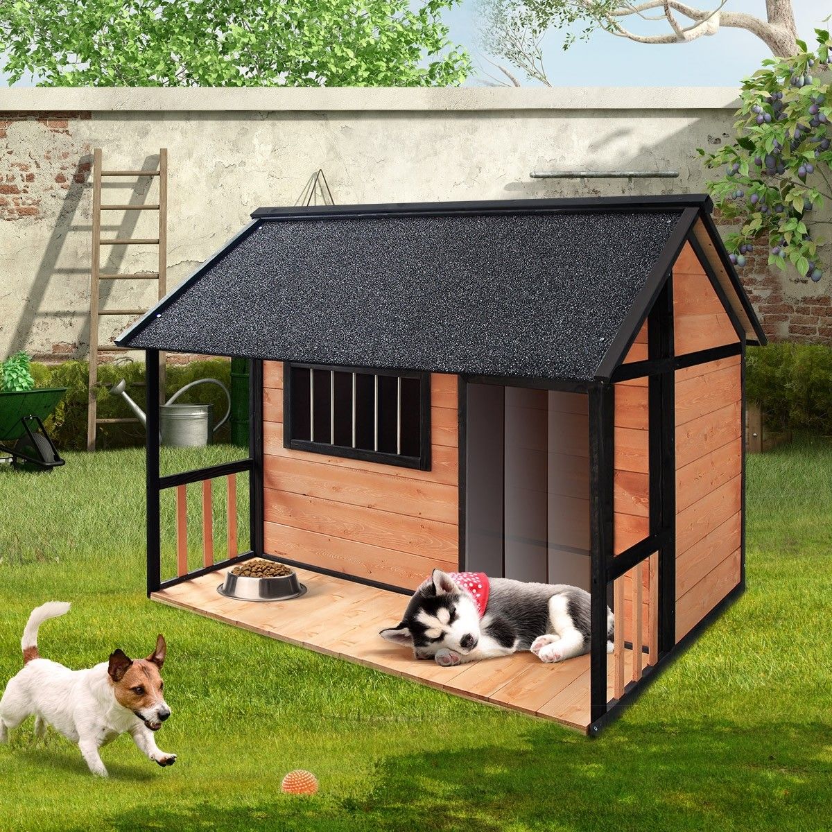 Petscene Outdoor XXL Dog Kennel Fir Wood Pet House w/ Patio Door