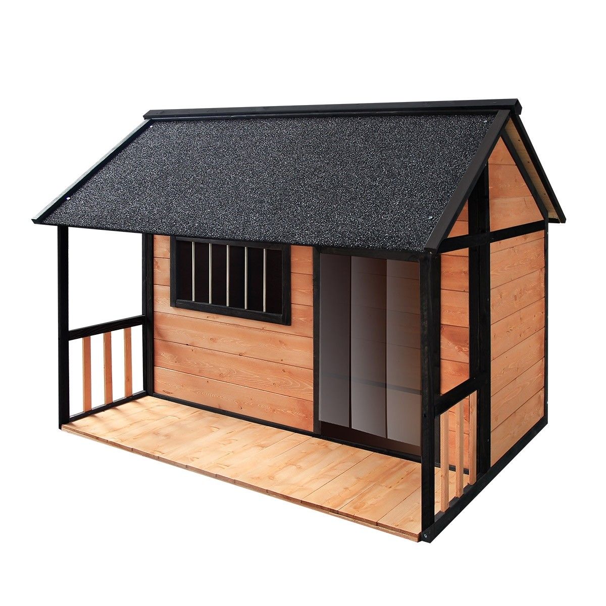 Petscene Outdoor XXL Dog Kennel Fir Wood Pet House w/ Patio Door Curtains Window Crazy Sales