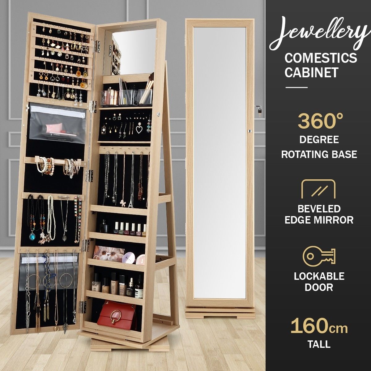 360 Degree Rotating Mirror Jewellery Cabinet Freestanding Jewellery Organiser Armoire