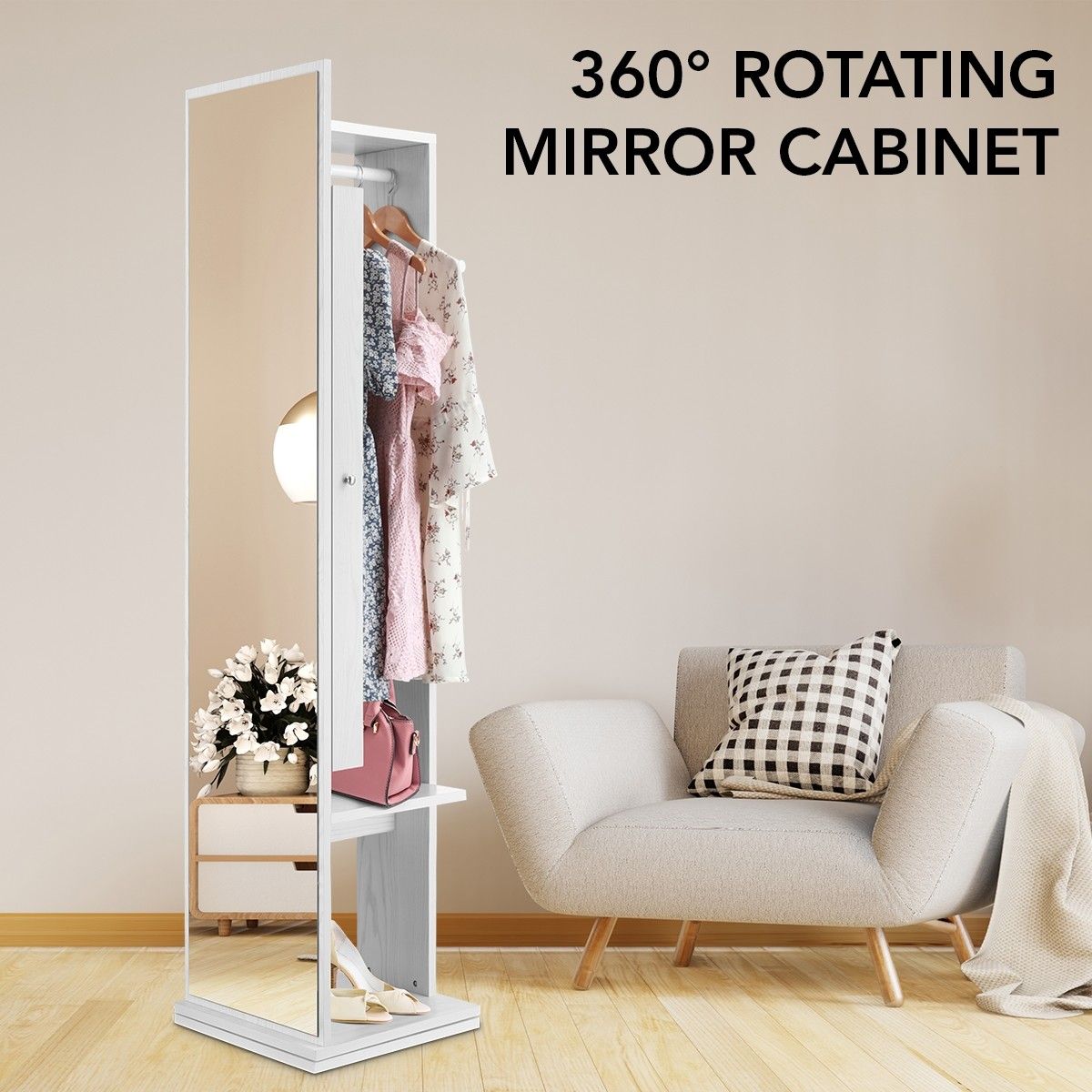 Slim Rotating Mirror Jewellery Storage Cabinet Free Standing Armoire Organizer White