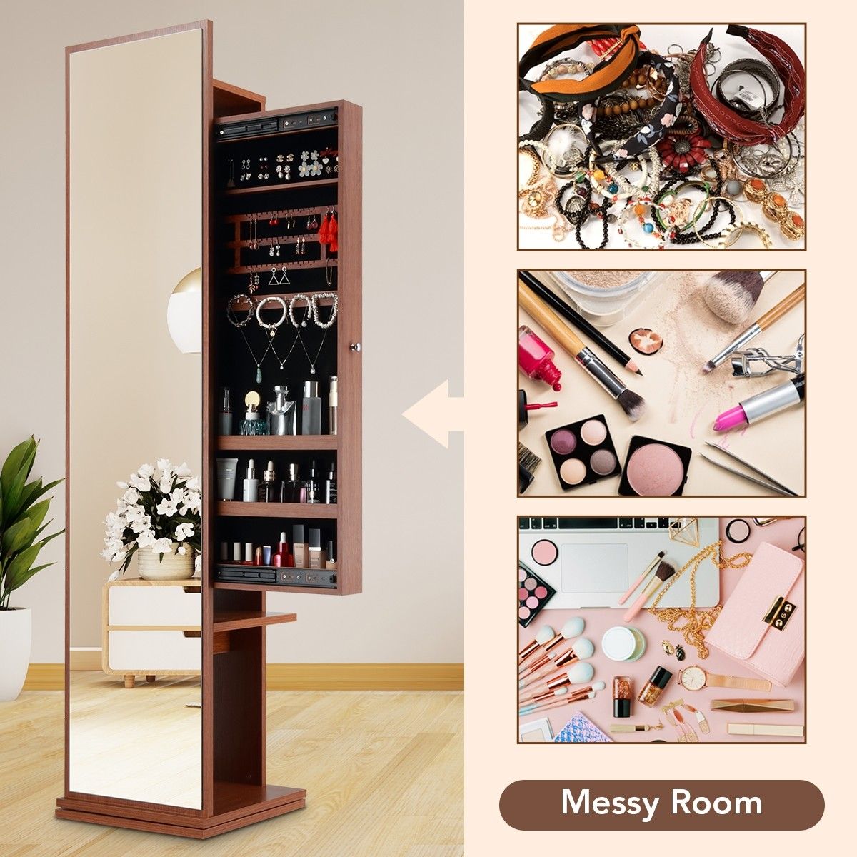 Slim Rotating Mirror Storage Free Standing Jewellery Armoire Organizer Brown Crazy Sales