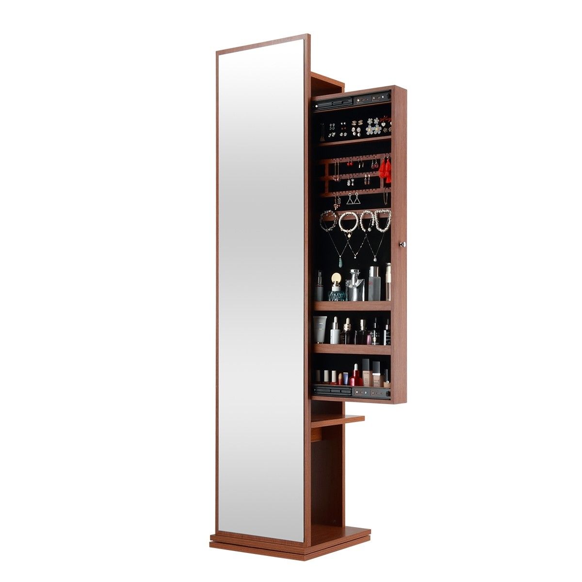 Slim Rotating Mirror Storage Free Standing Jewellery Armoire Organizer Brown Crazy Sales