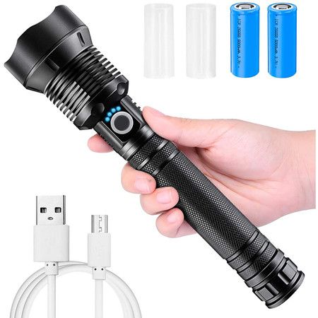 LED Flashlight, Zoomable And Water Resistant Torch with 26650 Battery And USB Rechargeable