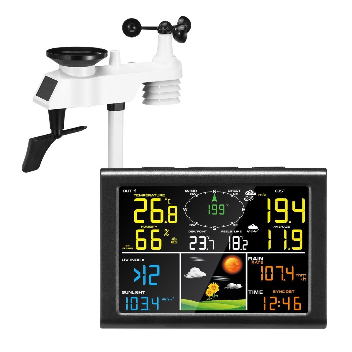 Maxkon Solar Powered Weather Forecast Station WIFI Wireless Rain Gauge ...