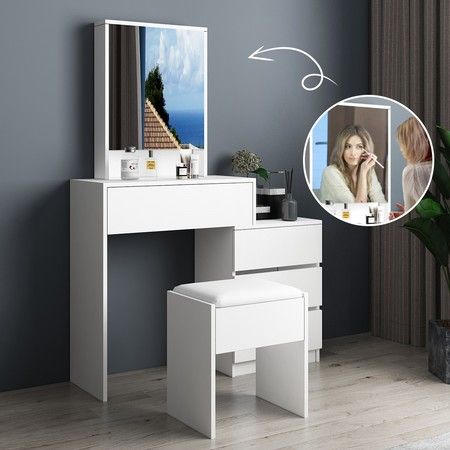 White Makeup Mirror Dressing Table Stool Set with 4 Storage Drawers and Shelves