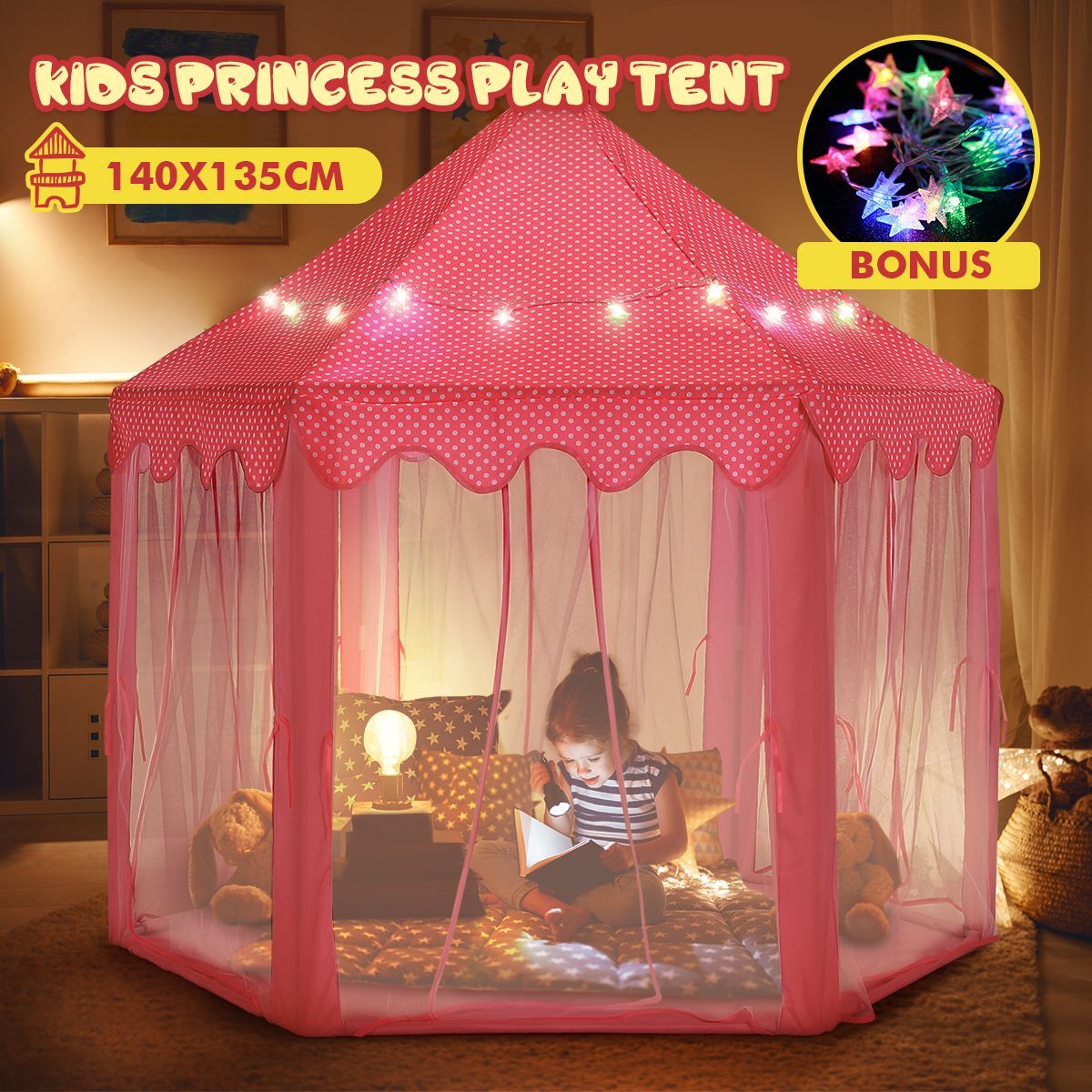 Kids Princess Castle Play Tent Hexagonal Play House Outdoor Indoor Playhouse Pink 