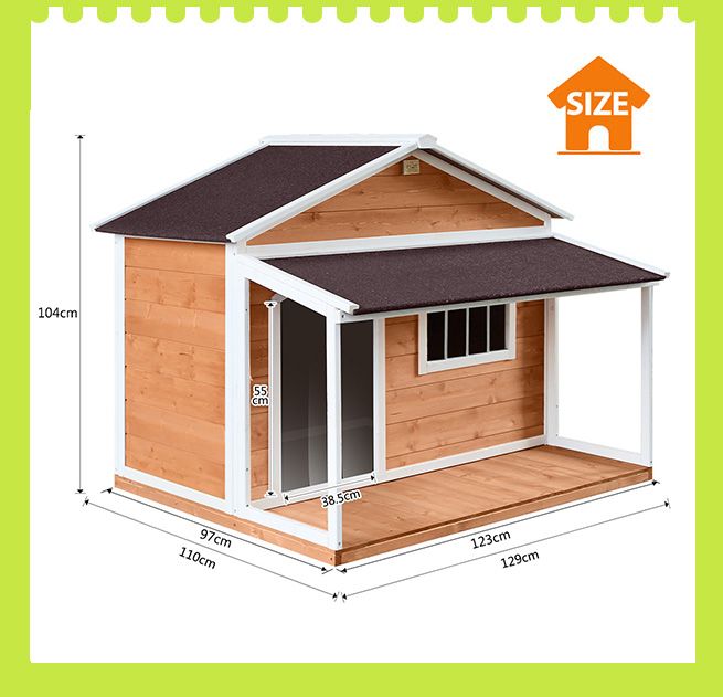 Petscene XXL Fir Wood Dog Kennel House with Door Porch Plastic Curtain