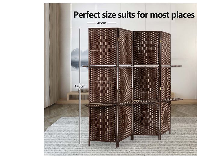 4 Panel Room Divider Decorative Folding Rattan Wicker Privacy Screen w/ Storage Rack Brown