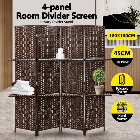 4 Panel Room Divider Decorative Folding Rattan Wicker Privacy Screen w/ Storage Rack Brown