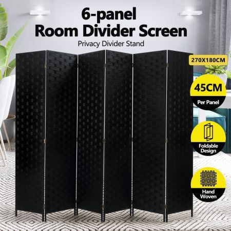 6 Panel Room Divider Screen Rattan Wicker Space Separator for Privacy Black