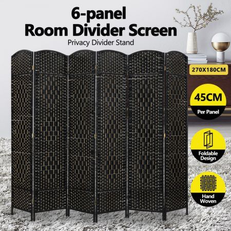 6 Panel Room Divider Decorative Folding Rattan Wicker Screen Room Privacy Separator Black