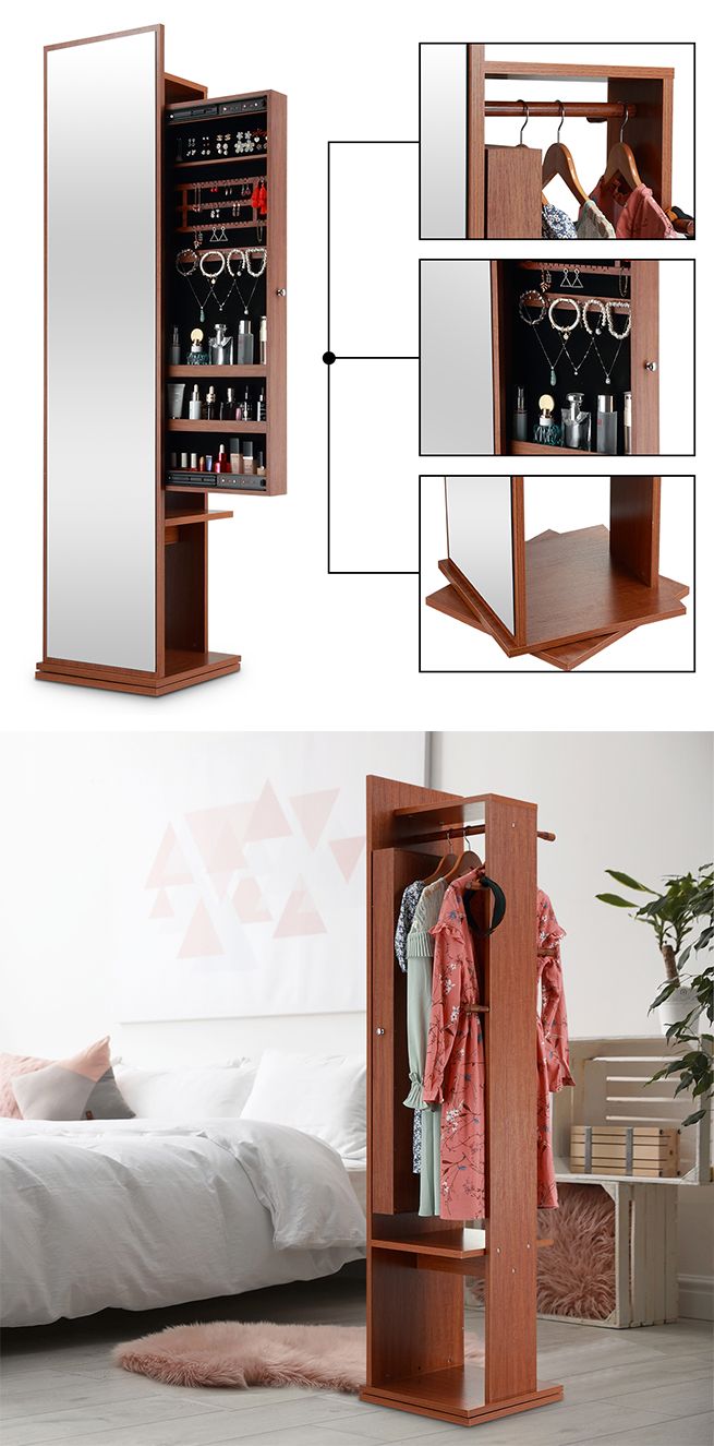Slim Rotating Mirror Storage Free Standing Jewellery Armoire