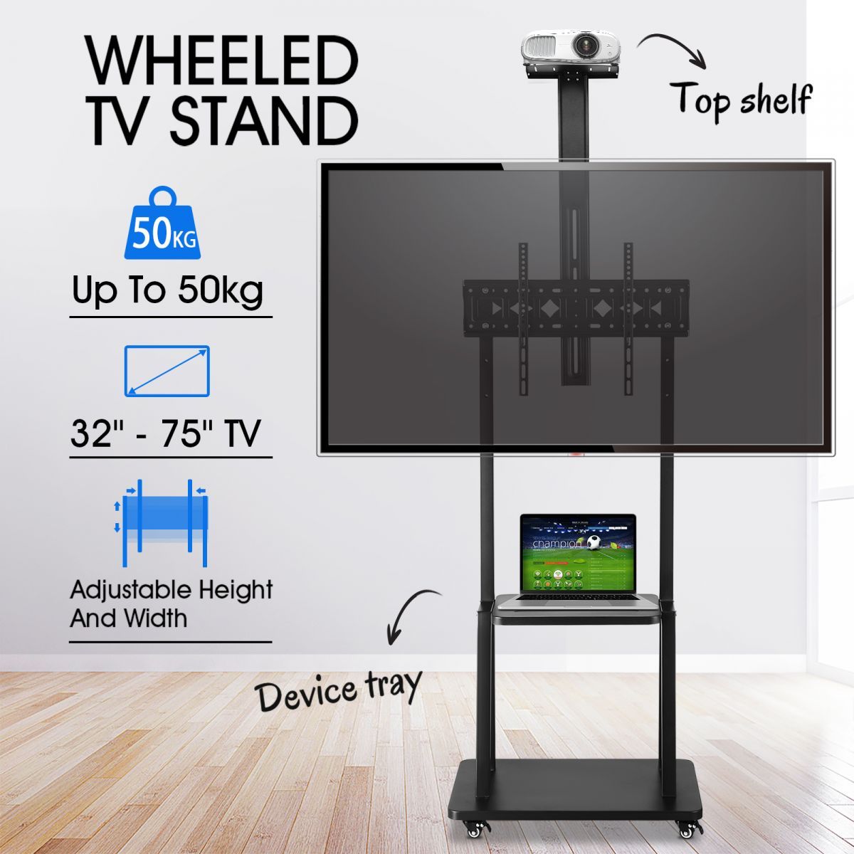 32"-75" Mobile TV Floor Stand Bracket Freestanding Television Mount w/ Shelf