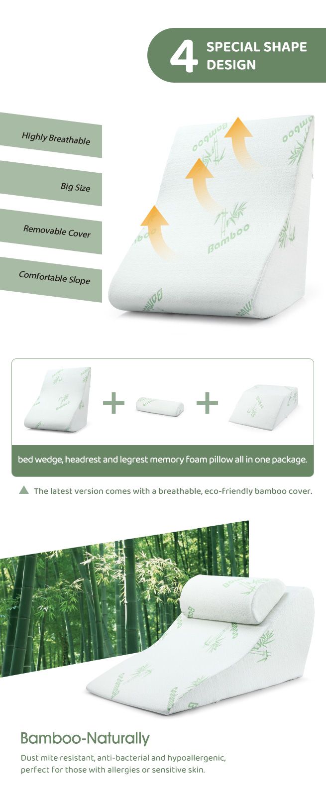 3 Pcs Memory Foam Wedge Pillow Set Bed Pillow Headrest Leg Elevation