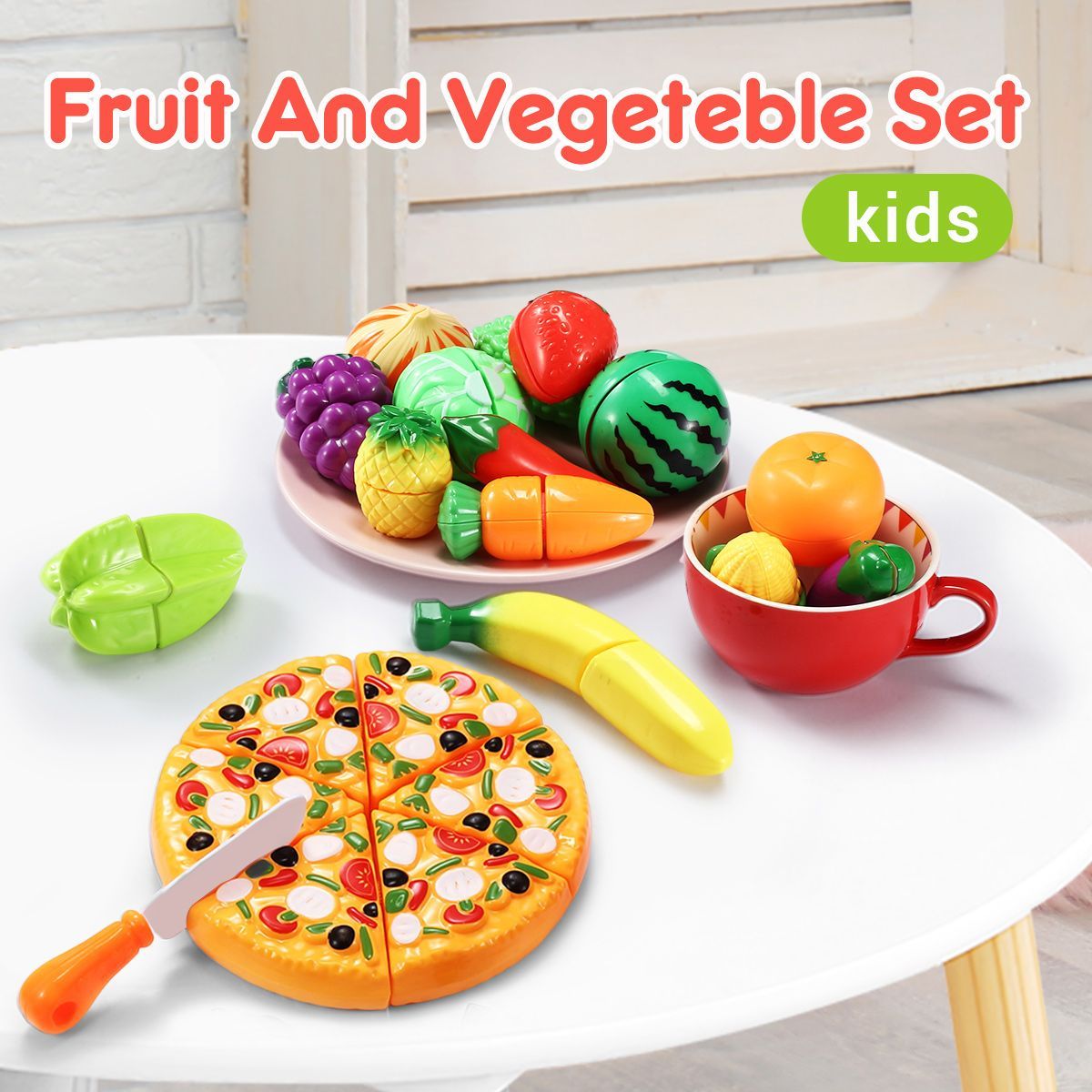 62 Pieces Kitchen Pretend Play Food Set for Kids Cutting Fruits Vegetables Pizza Toys Set