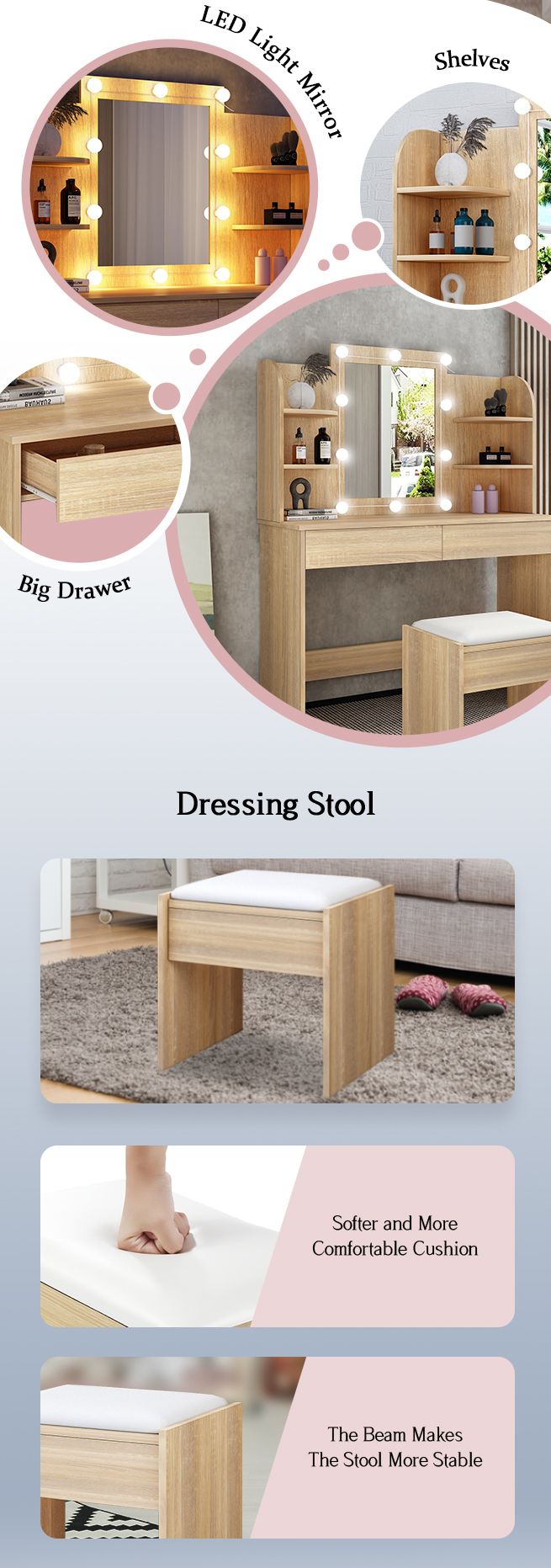 Classic Oak Dressing Table Makeup Vanity Table Stool Set w  LED Lighted Mirror Drawers