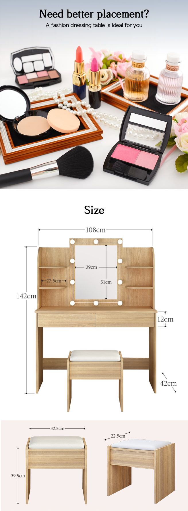 Classic Oak Dressing Table Makeup Vanity Table Stool Set w  LED Lighted Mirror Drawers