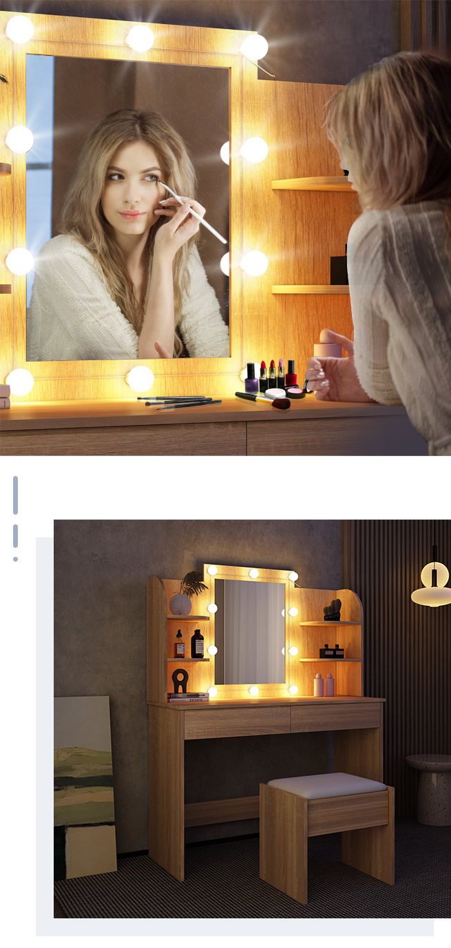 Classic Oak Dressing Table Makeup Vanity Table Stool Set w  LED Lighted Mirror Drawers