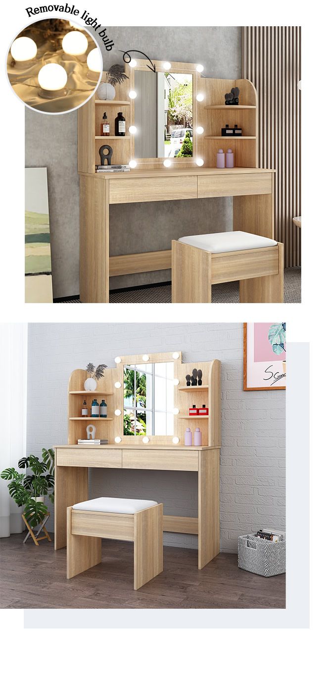 Classic Oak Dressing Table Makeup Vanity Table Stool Set w  LED Lighted Mirror Drawers