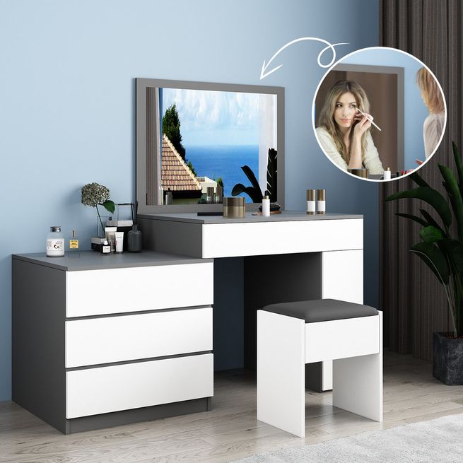 Modern 4 Drawer Dressing Table Set, 4 Drawer Makeup Vanity Table With Flip Top Mirror White Grey