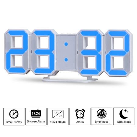 Blue LED Digital Numbers Wall Clock with 3 levels Brightness Alarm Snooze Clock