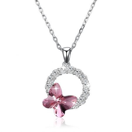 Butterfly Romantic Round Pendant Necklace Pink/Platinum Plated