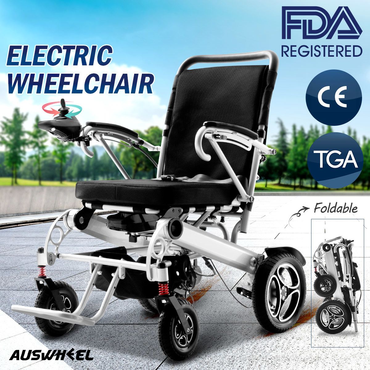 Lightweight Folding Electric Wheelchair Mobility Chair w/ Brushless Motors Dual Battery