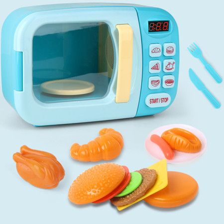 Pretend Microwave Kitchen Play Set with Light Sound for Kids (Blue)