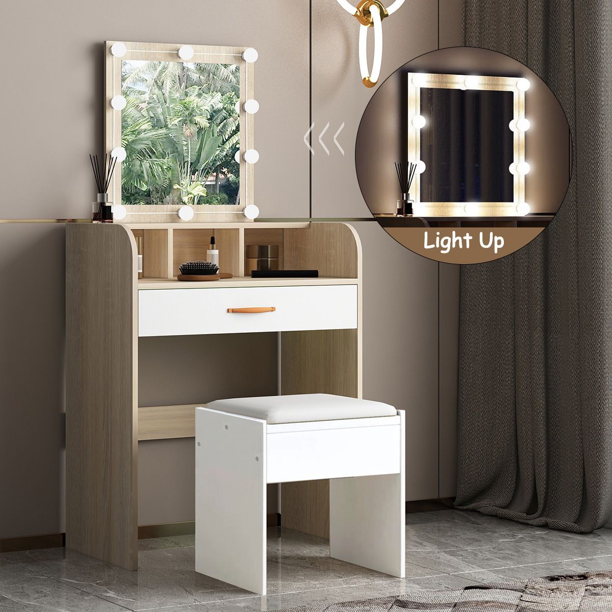 10 LED Dressing Table Dresser Makeup Vanity Table Stool Set with Drawers & Mirror