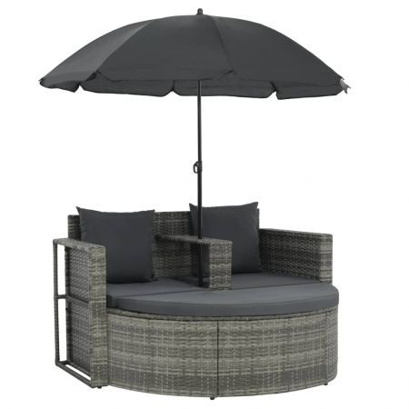 2 Seater Garden Sofa with Cushions and Parasol Grey Poly Rattan