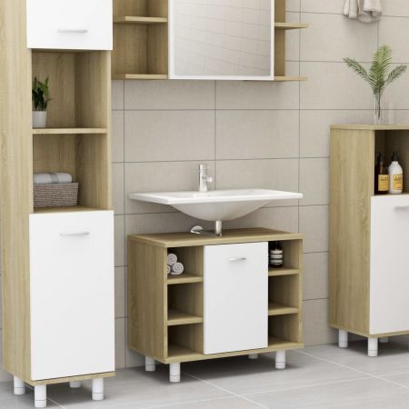 Bathroom Cabinet White and Sonoma Oak 60x32x53,5 cm Chipboard