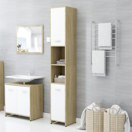Bathroom Cabinet White and Sonoma Oak 30x30x183.5 cm Chipboard