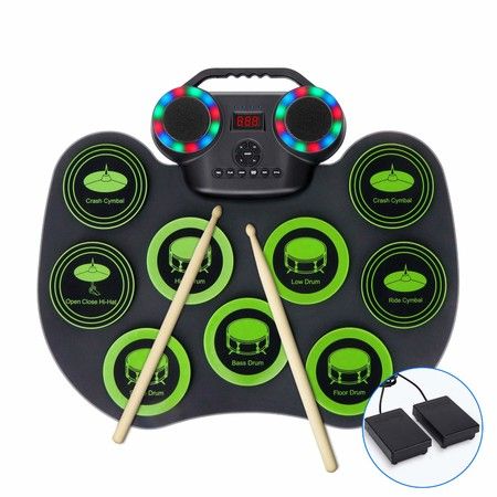 Kids Christmas& Birthday Gift Dual Built-in Speakers Drum Sticks and Kick Pedals USB MIDI Connectivity Electronic Drum Set Kids Electric Drum Kit 9 Thickened Pad Roll Up Beginner Practice Pad 