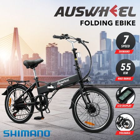 Auswheel Electric Bike Bicycle Folding Ebike 250W Motor 36V 9Ah Battery 7 Speed