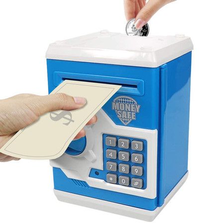 Code Electronic Piggy Banks Mini ATM Electronic Coin Bank Box for Children Password Lock Case (Blue/White)