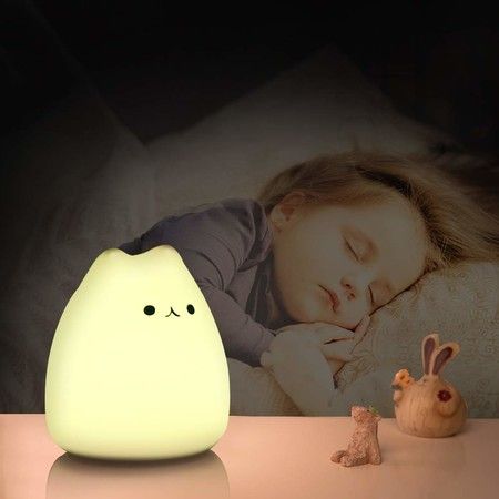 Silicone Kitty LED Night Lamp, Children Night Light with Warm White & 7-Color Breathing Modes, Touch Sensor Control