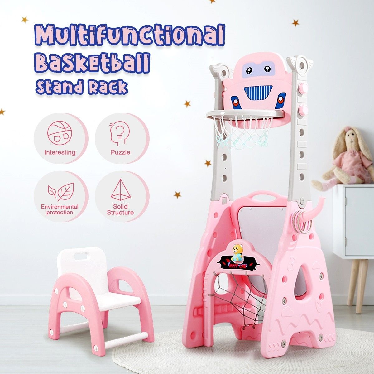 7 in 1 Kids Basketball Hoop Play Set Sports Center Football Soccer Goal Golf Ring Toss Game Pink