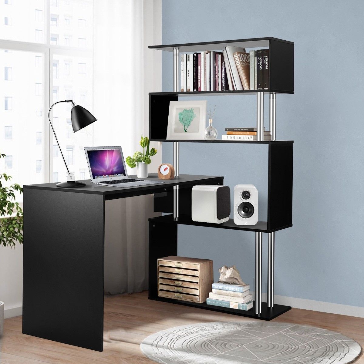 Home Office Computer Desk Corner Table W/ Hutch 4 Tier Bookshelf Storage L-Shaped Rotating Table Black