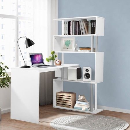 L-Shaped Rotating Home Office Desk Corner PC Computer Table W/ Hutch 4 Tier Bookshelf Storage White