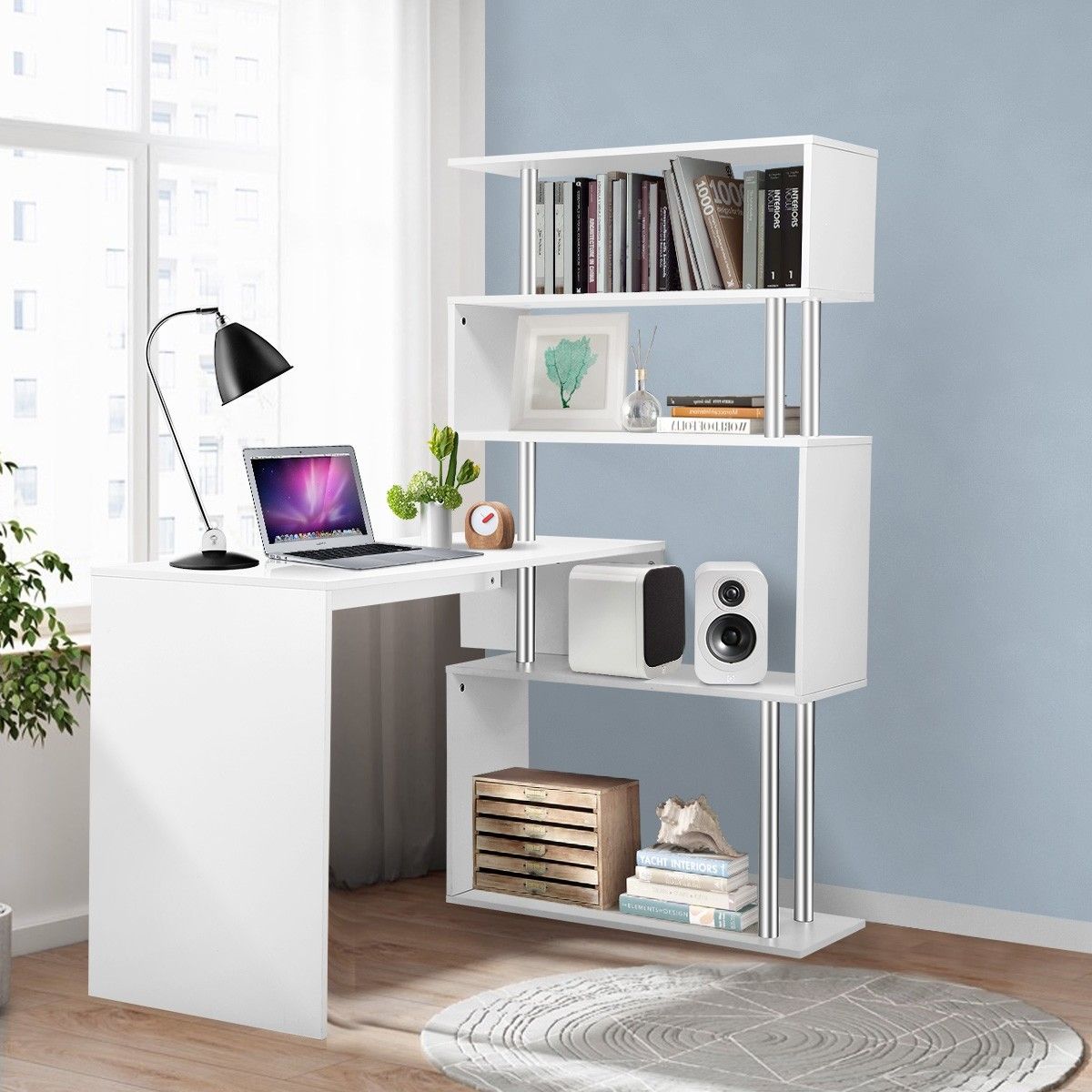 white desk with tall hutch