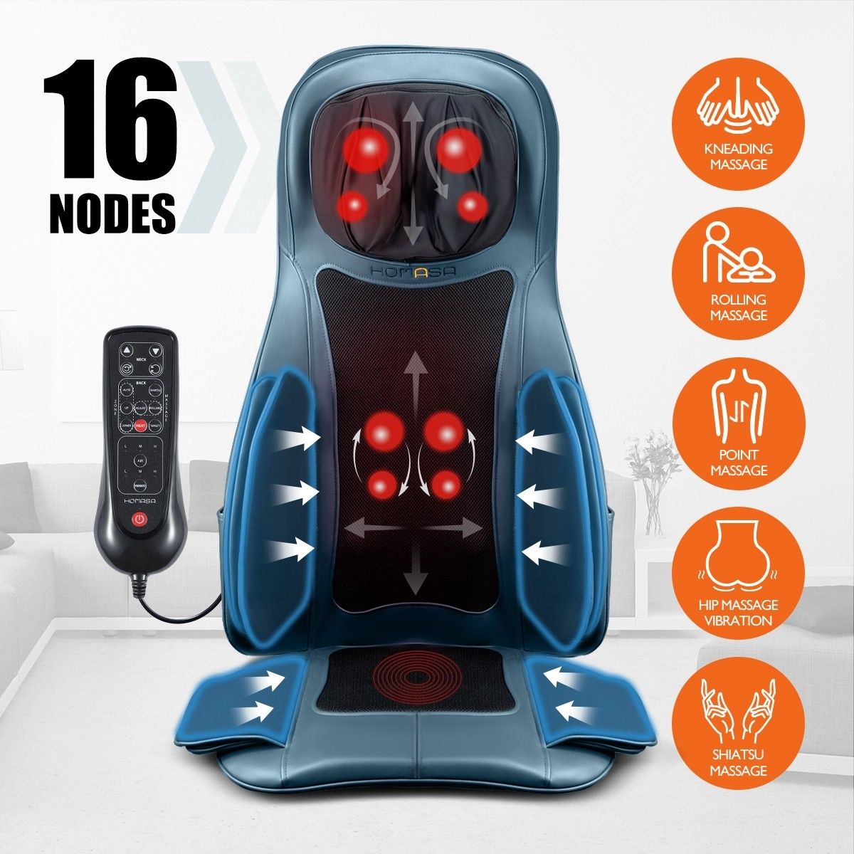 Blue Air Compression Shiatsu Rotating Massage Seat Cushion Neck Back Full Body Massager