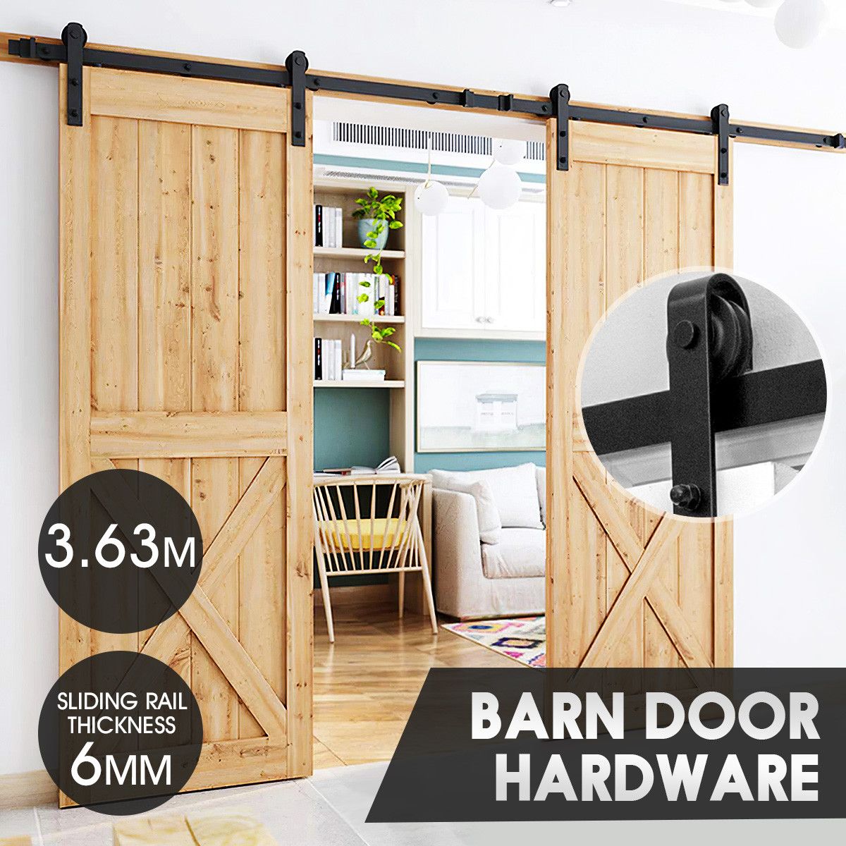 3.63m Carbon Steel Double Sliding Barn Door Hardware Track Set | Crazy