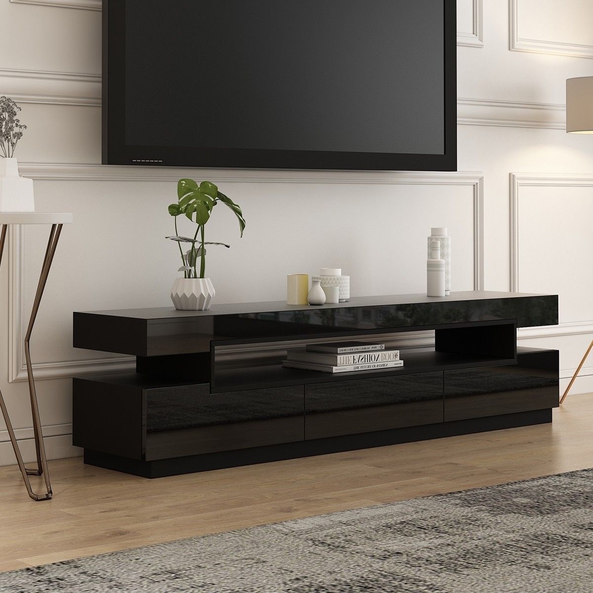 200cm TV Bench 3 Drawer Television Unit Stand Black High Gloss
