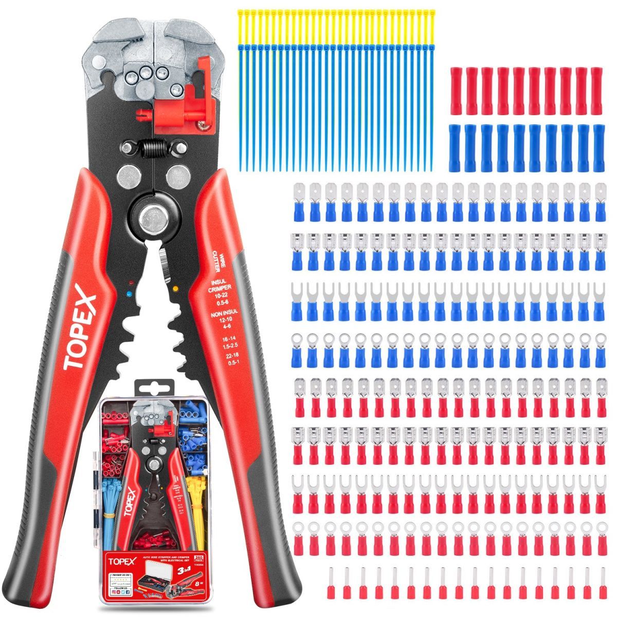 TOPEX 260-Piece Wire Stripper Self-Adjustable Crimper Plier Set Terminals Wire Connectors