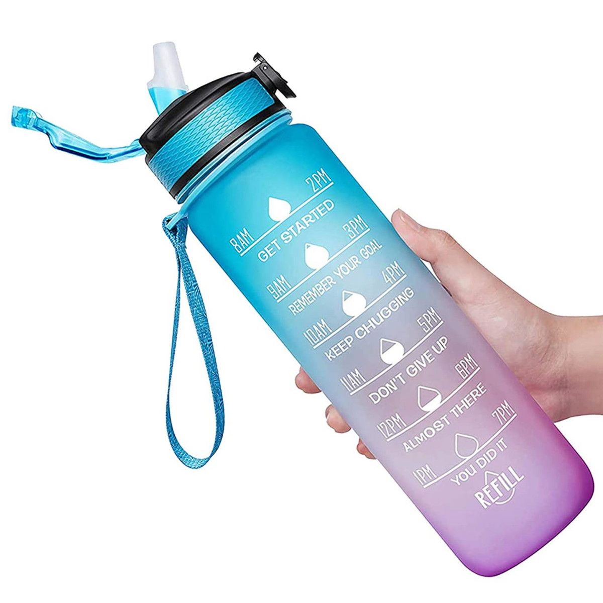 Motivational Drinking Water 1L Bottle with Time Marker & Straw -Col.Blue