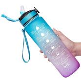 Motivational Drinking Water 1L Bottle with Time Marker & Straw -Col.Blue