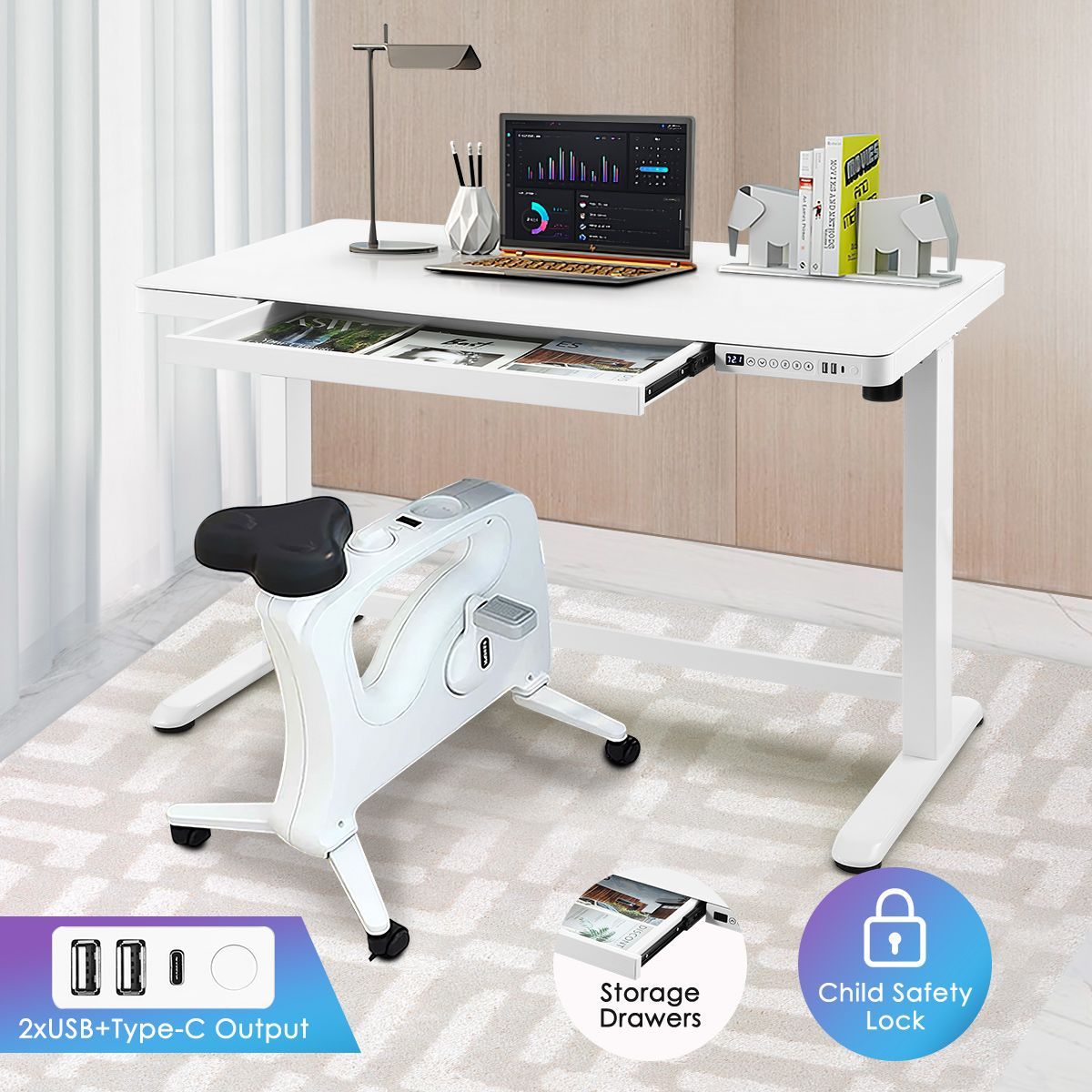 Electric Motorised Standing Desk Height Adjustable Sit Stand Desk Home Office Workstation with Drawers