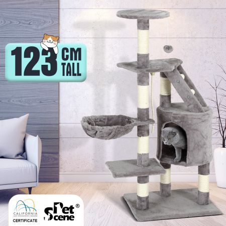 Cat Scratching Post Climbing Tree Pole Tower Plush Condo Playhouse Perches Dangling Rope Toys 123cm Tall