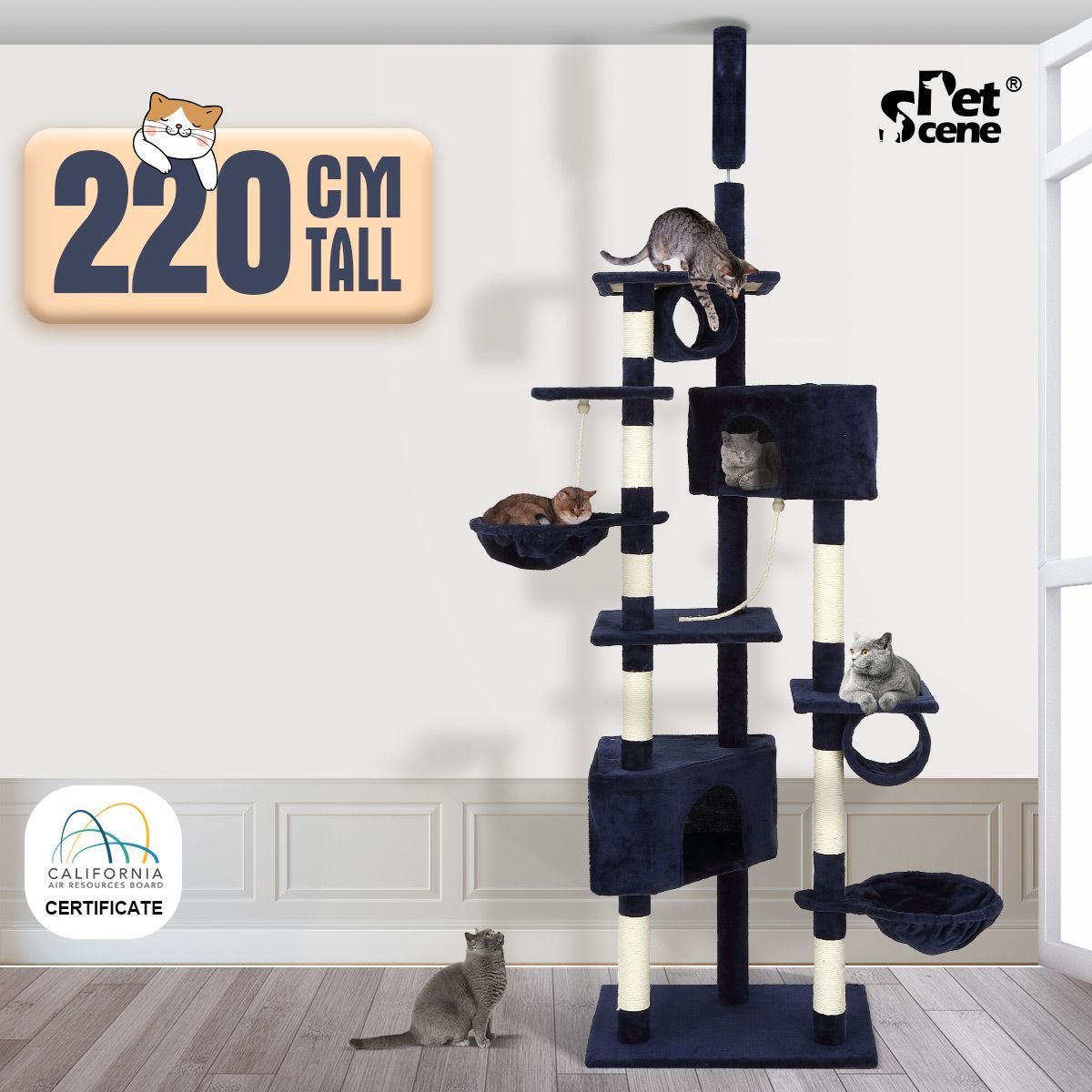 Cat Scratching Tree Post Climbing Tower Pole Playhouse with Rope Baskets Condos Perches 236cm Tall Multi Levels